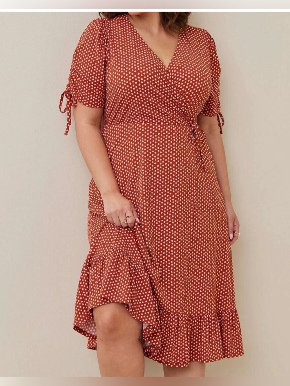 Torrid Rust Polka Dot Wrap Midi Dress Ruched Sleeves Size 1 1X